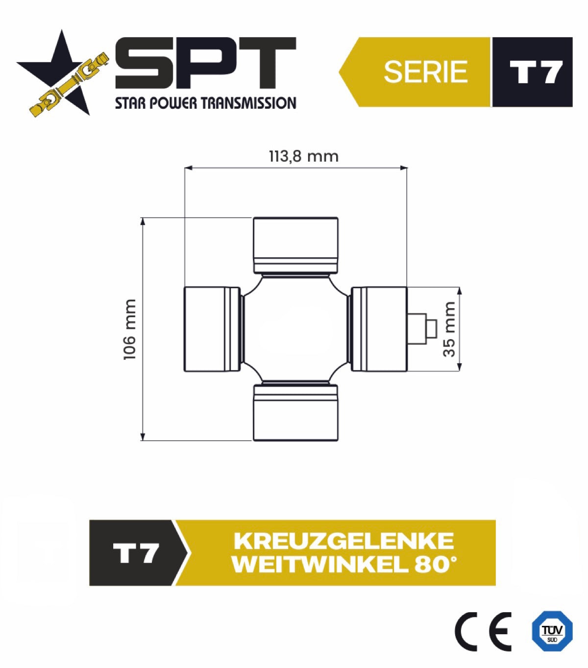 SPT Kreuzgarnitur Serie7 Weitwinkel 35x106 / 113,8mm außen Schmiernippel