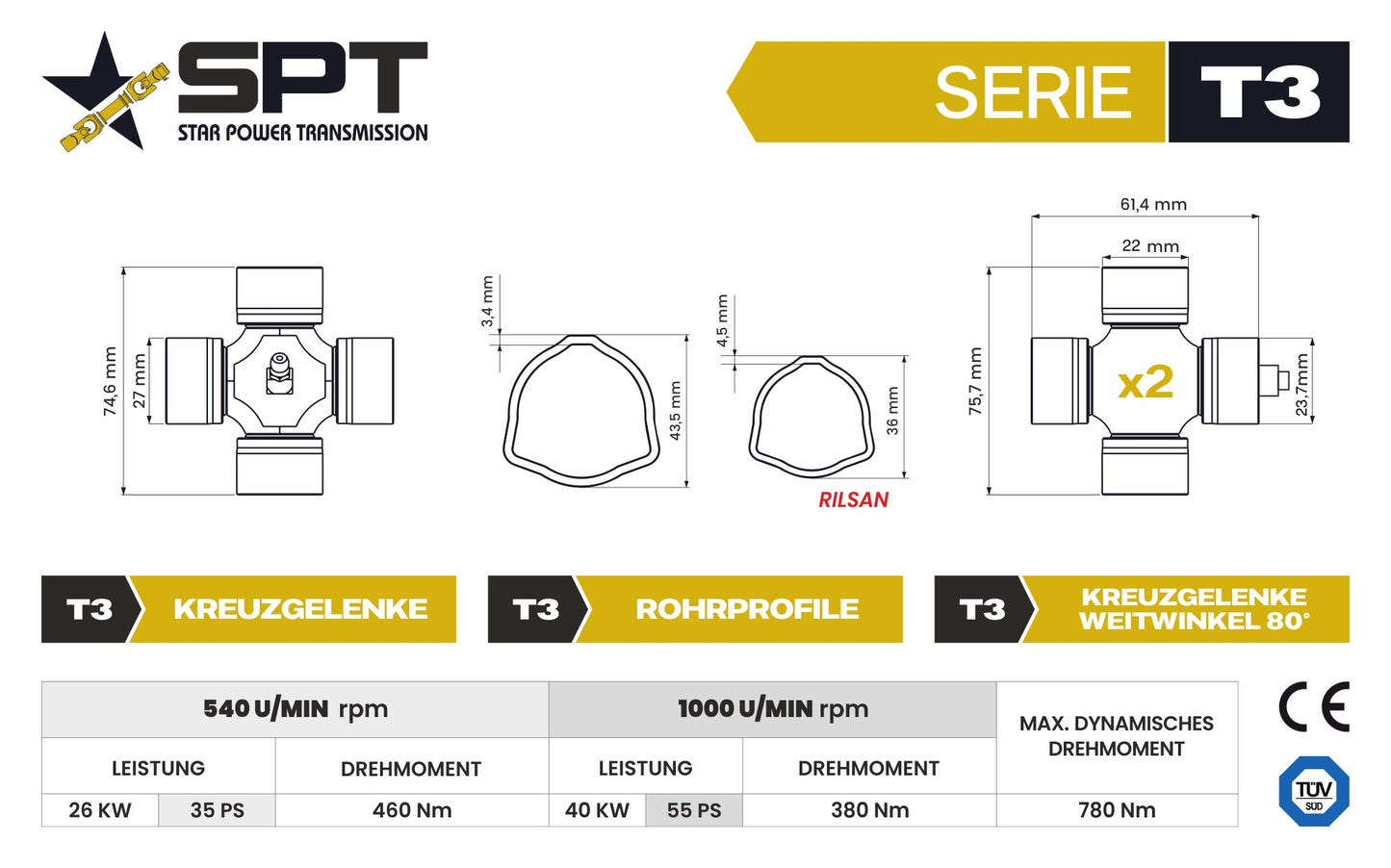 SPT Weitwinkel Gelenkwelle 1 3/8"Z6 Serie 3 vergleichbar WWE2380 / G4