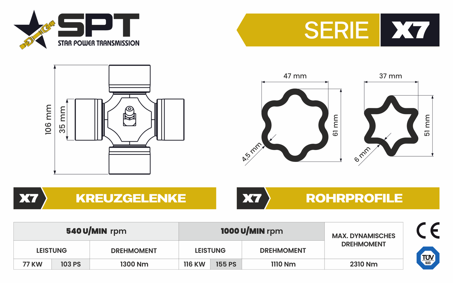 SPT Gelenkwelle Serie X7 Stern Scherbolzen 3000Nm bis 155PS - 1 3/8"Z6